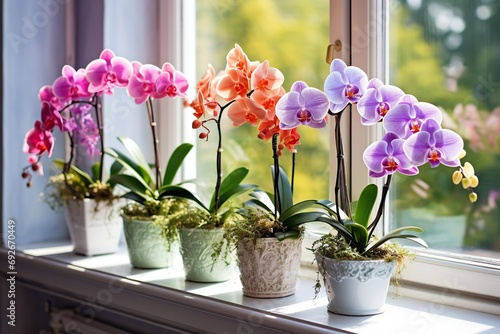 Beautiful colorful orchid flower in pots on windowsill photo