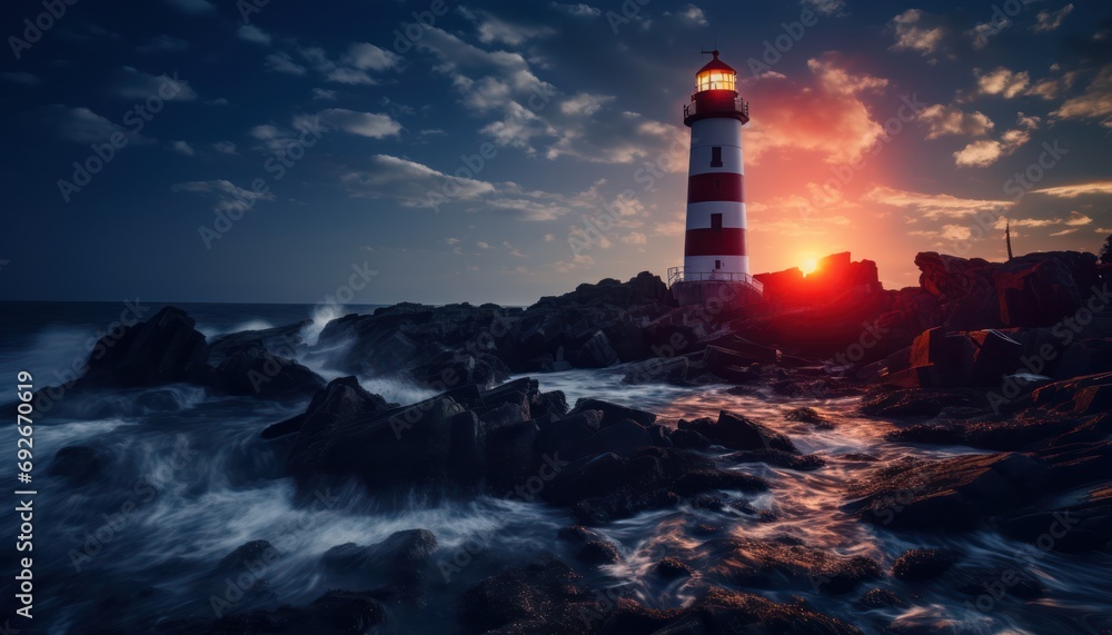 Fototapeta premium A Majestic Lighthouse Illuminating a Rocky Shore