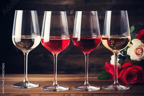 Different wine in glasses and flowers on wooden background