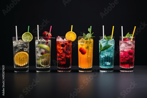 Different alcohol cocktails on grey background