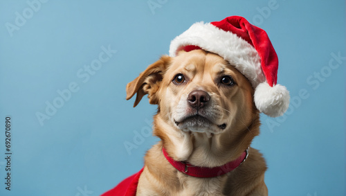 dog wearing Santa hat on light blue background. backdrop with copy space photo