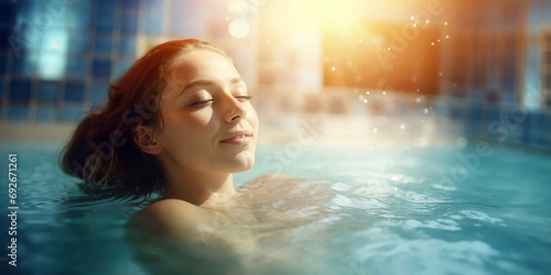 A woman relaxing in the jacuzzi of a spa  eyes closed and relaxed in a hot water bath  feeling good on her relaxation time  wellbeing  health and bodycare concept