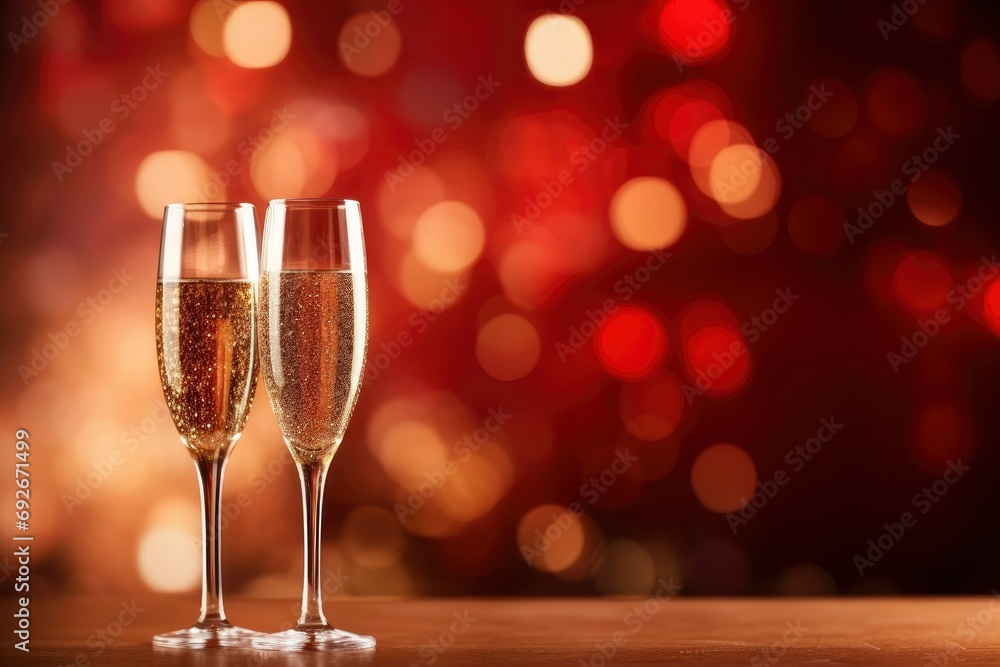 two glasses of champagne against bokeh background with text area