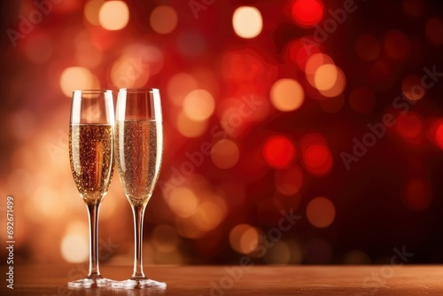 two glasses of champagne against bokeh background with text area