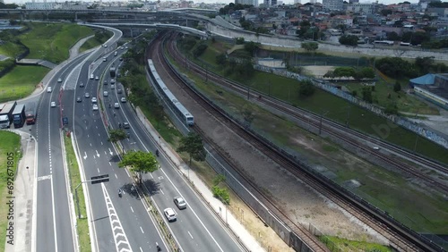 Visão aérea da avenia Radial Leste próximo a estação de trem Corinthians Itaquera em São Paulo photo