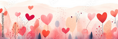 Valentines day watercolor abstract hearts background banner, delightful boho illustration, artistic doodle. Panoramic web header with copy space. Wide screen wallpaper photo