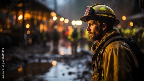 firefighter concentrating and observing the situation in the middle of a fire in a dark night generated by the fire. © Elena