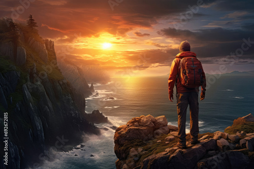 a man with a backpack standing on the edge of a cliff looking at the ocean and the setting sun.