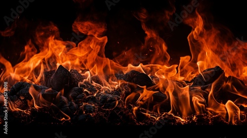 A close-up shot of a blazing fire frame, with glowing embers and intense flames against a solid black background, evoking a sense of warmth and energy.