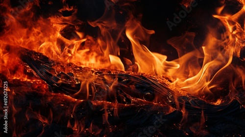 A close-up shot of a fire frame, capturing the intricate details of the flames and glowing embers against a solid black background, showcasing the mesmerizing beauty of fire.
