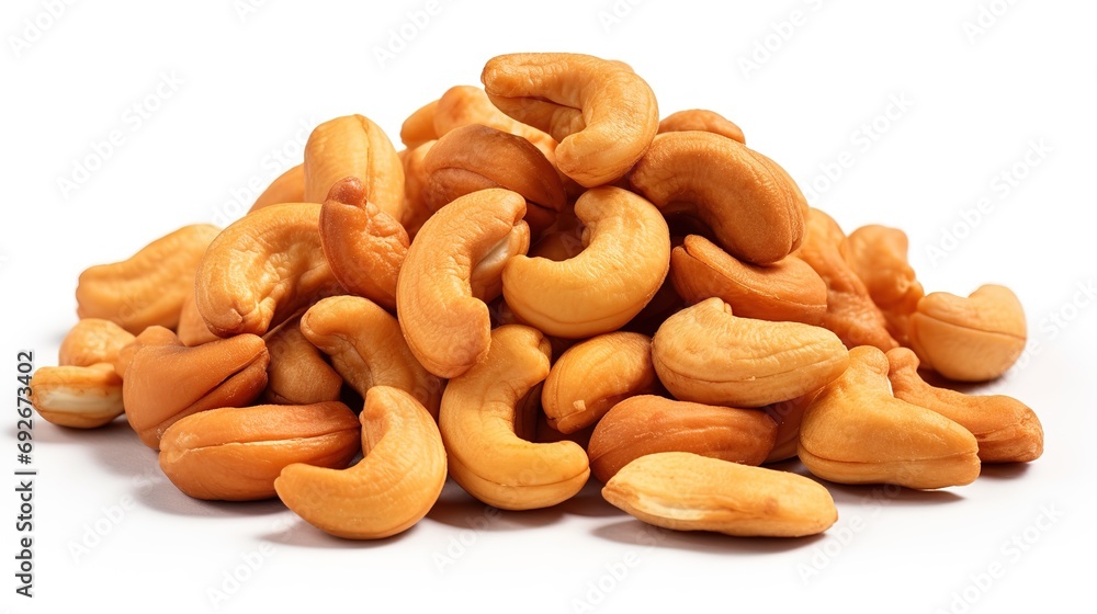 A small pile of salted cashews, arranged neatly on a white background, showcasing their golden-brown color and enticing texture A small pile of salted cashews, arranged neatly on a white background, showcasing their golden-brown color and enticing texture