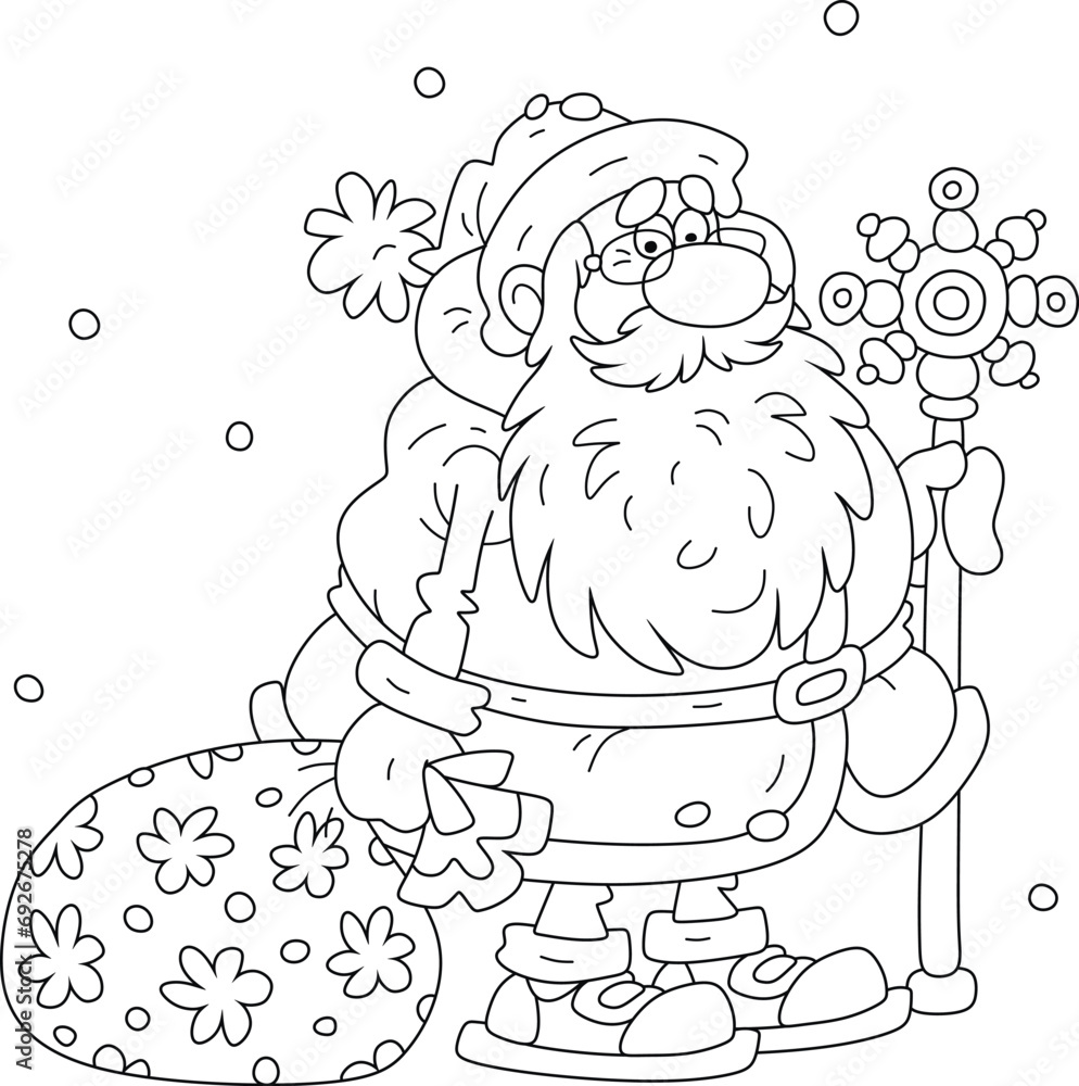 Funny and slightly tired from hard work Santa Claus with his magical ice staff and a bag of winter holiday gifts for little children, black and white vector cartoon illustration for a coloring book Funny and slightly tired from hard work Santa Claus with his magical ice staff and a bag of winter holiday gifts for little children, black and white vector cartoon illustration for a coloring book