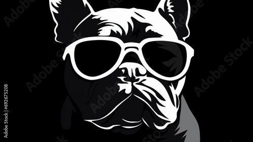 black and white icon silhouette of a bulldog with sunglasses, copy space, 16:9 photo