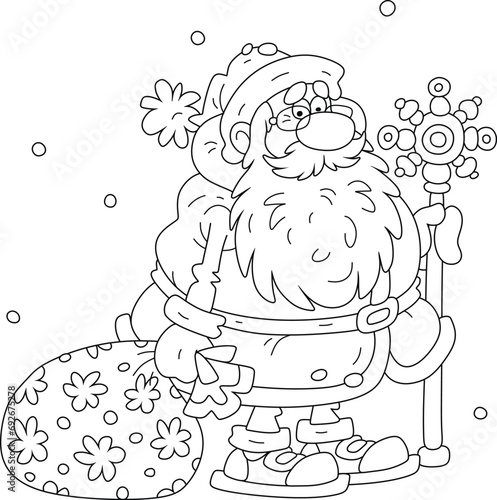 Funny and slightly tired from hard work Santa Claus with his magical ice staff and a bag of winter holiday gifts for little children, black and white vector cartoon illustration for a coloring book