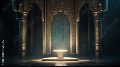 A luxurious mosaic podium, adorned with intricate Islamic art, providing a broad copyspace at the front for Eid speeches.