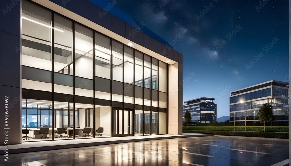 Fototapeta premium Moderne Hochhäuser - beleuchtet Fassade am Abend