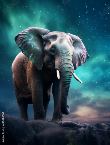 A Photo of an Elephant at Night Under the Aurora Borealis