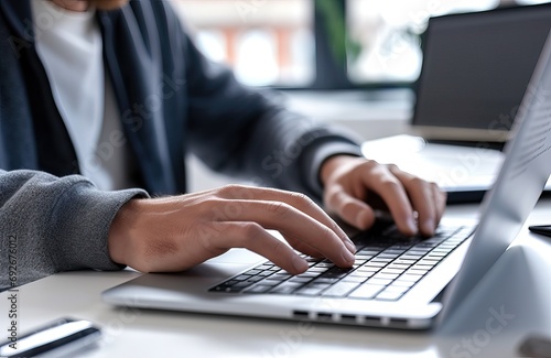 Male hands of business man typing on laptop keyboard searching information in internet, businessman working with ai solutions on computer, communicating online, doing digital management. Close up