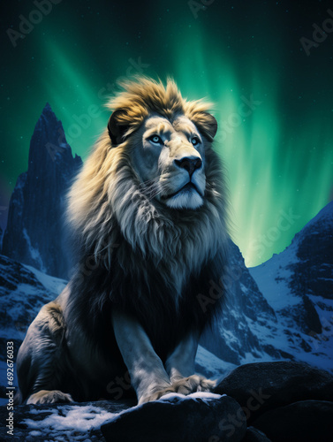 A Photo of a Lion at Night Under the Aurora Borealis