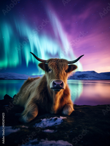 A Photo of a Cow at Night Under the Aurora Borealis