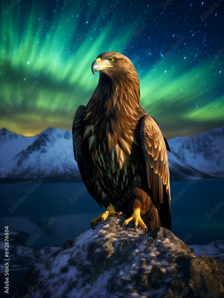 Fototapeta premium A Photo of an Eagle at Night Under the Aurora Borealis