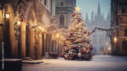 Decorated Christmas tree in the street of an old town at night. Street lights and beautiful architecture. AI Generated