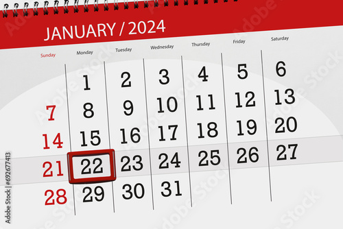 Calendar 2024, deadline, day, month, page, organizer, date, January, monday, number 22 photo