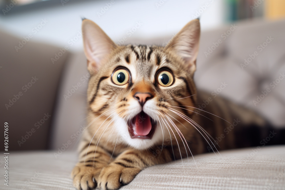Cat with surprised eyes and opened mouth, humor meme.
