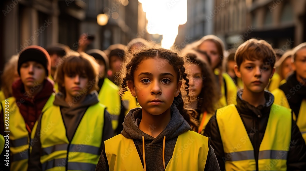 children and young people, teenager demonstrate and protest, wear a yellow safety vest, fictitious reason and place - obrazy, fototapety, plakaty 