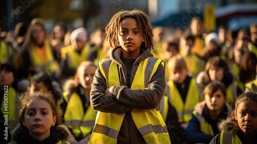 children and young people, teenager demonstrate and protest, wear a yellow safety vest, fictitious reason and place