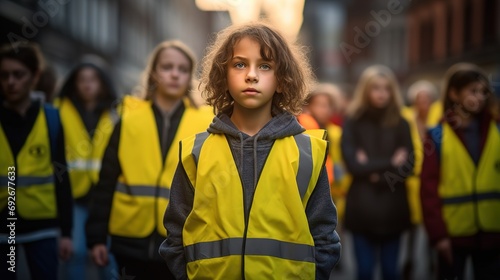 children and young people, teenager demonstrate and protest, wear a yellow safety vest, fictitious reason and place photo