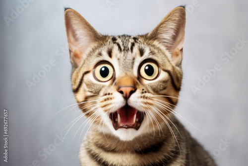 Cat with surprised eyes and opened mouth, humor meme. © julijadmi