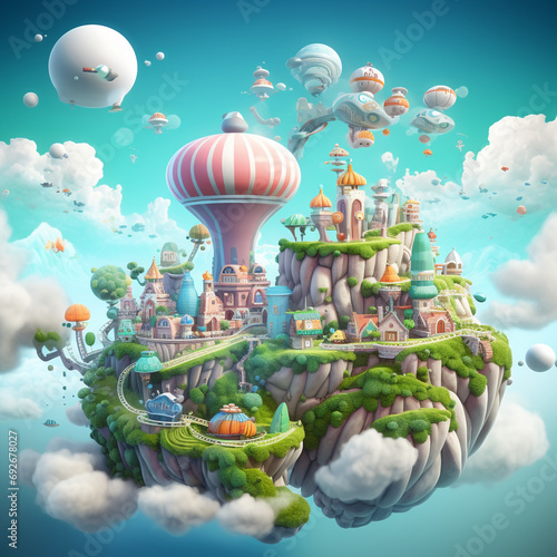 3D cartoon world in clouds background illustration k