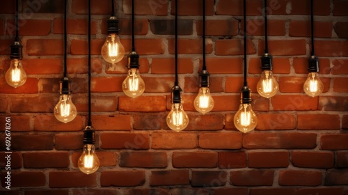 Decorative antique Edison-style light bulbs against brick wall background. vintage lamp decorative