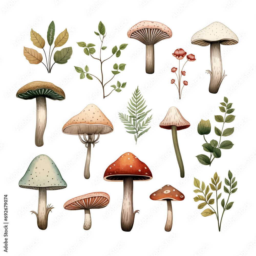 Assorted Botanical Illustrations Set on a Dark Background for Design, watercolor, mushrooms, plants, leaves, transparent background, DIY materials, scrapbooking, greeting cards, decoration, textile