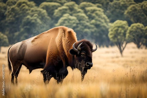 Bison grazing on grassland  photo