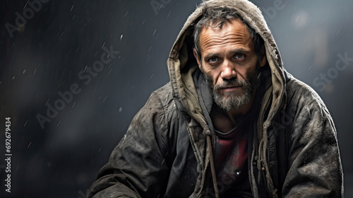 Portrait of a homeless middle-aged man on isolated dark background