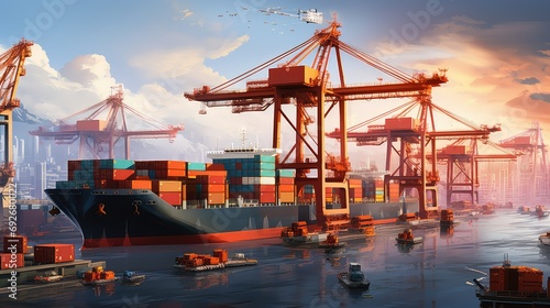 freight port ship cargo illustration maritime ex, im terminal, berthing loading freight port ship cargo