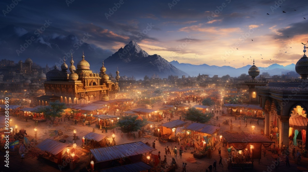 A panoramic view of a traditional Eid bazaar, with stalls selling colorful fabrics, spices, and sweets, under a twilight sky.