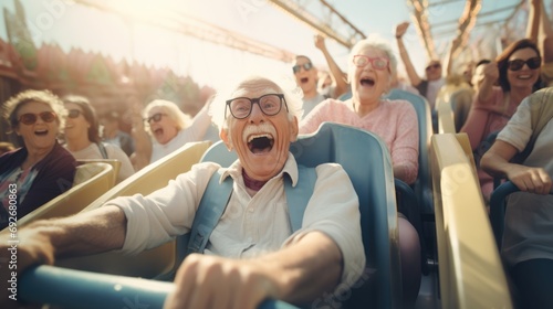 an elderly enjoying at the amusement park
 photo