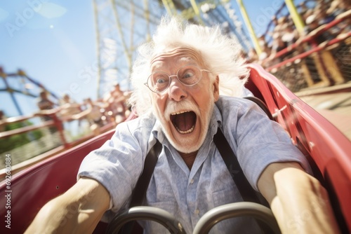an elderly enjoying at the amusement park 