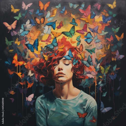 woman mind with butterflies around her head, positive thinking, creative mind, self care and mental health concept photo