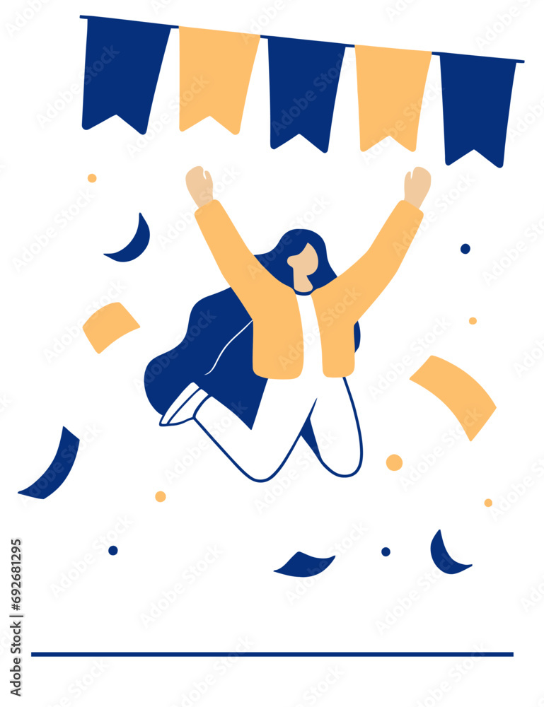 Fototapeta premium Celebration, woman jumping into the air, colorful flags, confetti. Flat vector illustration.
