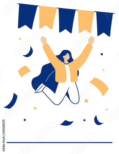 Celebration, woman jumping into the air, colorful flags, confetti. Flat vector illustration.