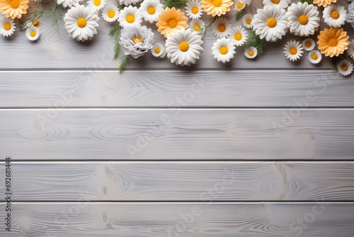 Wooden table decorated with chamomile flowers, top view, background for text, copy space for congratulations © Hanna