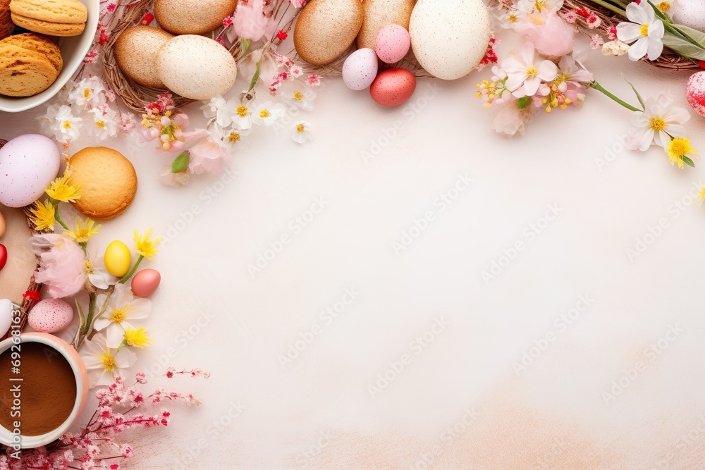 Table top view shot of decoration Happy Easter holiday background concept.Flat lay variety bunny eggs with decor on modern rustic pink paper.Copy space for creative design web and mock up & template