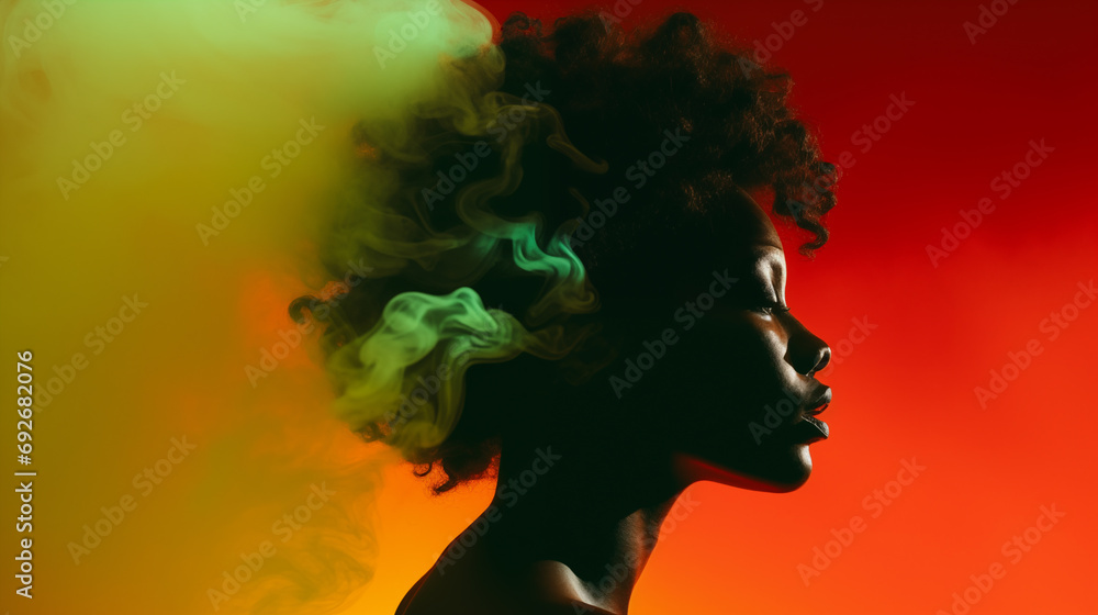 Black History Month. African American History in United States. Red Yellow Green smoke shrouded black woman. Freedom holiday. Celebrated annual in February. Poster, design illustration. Generated AI