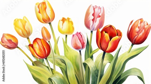 Bouquet of tulips isolated on white background. Watercolor illustration. Generative AI