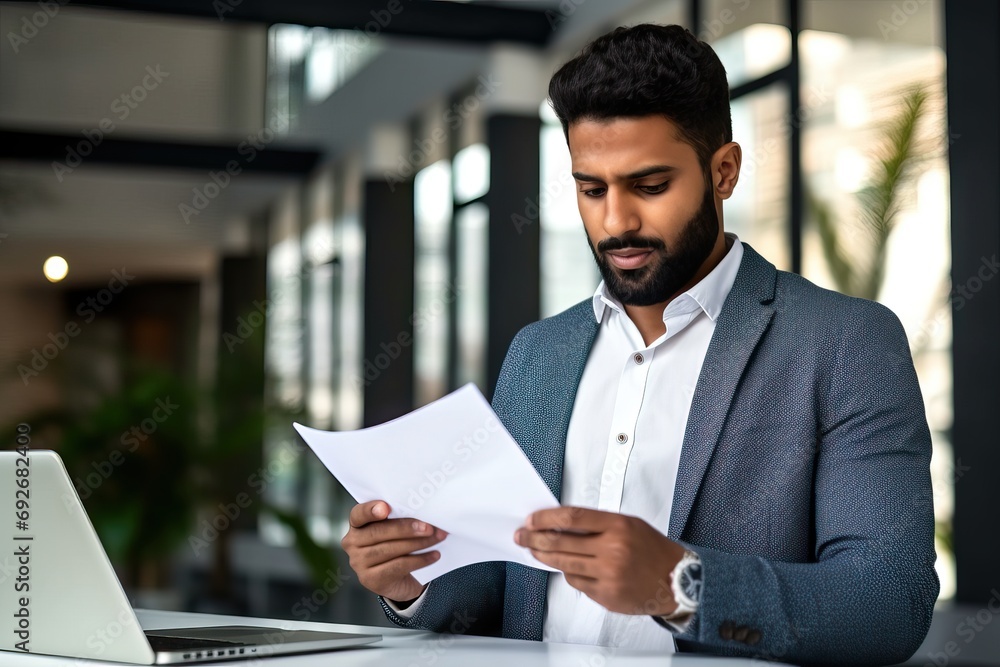 Busy business man holding financial report looking at laptop calculating assessments analyzing project overview, male company hr using computer working online in office Busy business man holding financial report looking at laptop calculating assessments analyzing project overview, male company hr using computer working online in office