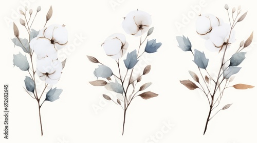 Watercolor cotton flowers set isolated on white background. Hand drawn illustration. Generative AI photo